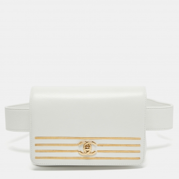 Pre Owned Chanel White Caviar Leather Captain Gold Waist Bag