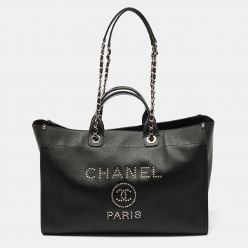 Pre Owned Chanel Black Caviar Studded Leather Large Deauville Shopping Tote
