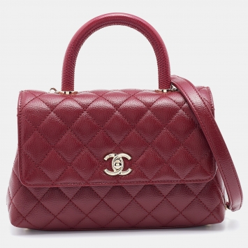 Pre Owned Chanel Burgundy Quilted Caviar Leather Small Coco Top Handle Bag