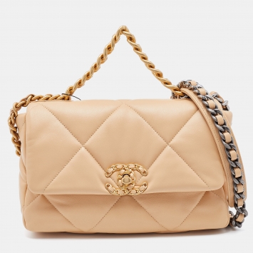 Pre Owned Chanel Beige Quilted Leather Chanel19 Bag
