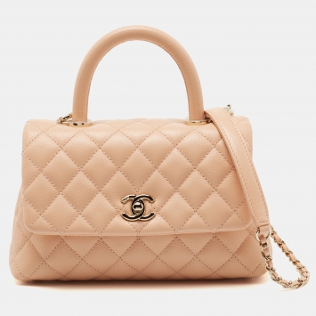 Pre Owned Chanel Peach Quilted Caviar Leather Small Coco Top Handle Bag