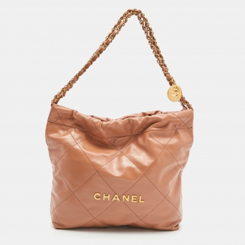 Pre Owned Chanel Tan Quilted Glossy Leather Drawstring 22 Bag