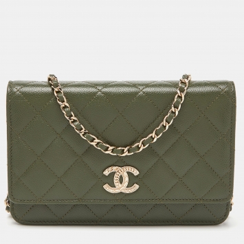 Pre Owned Chanel Green Quilted Caviar Leather Chain CC Wallet on Chain