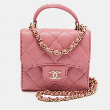 Pre Owned Chanel Pink Quilted Leather Mini CC Square Top Handle Bag