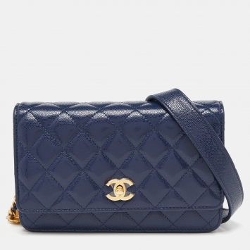 Pre Owned Chanel Blue Quilted Caviar Leather Wallet on Chain 