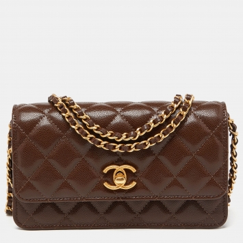 Pre Owned Chanel Brown Quilted Caviar Leather Wallet on Chain 