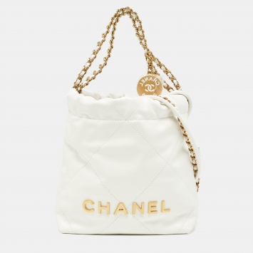 Pre Owned Chanel White Quilted Leather Mini 22 Chain Bag