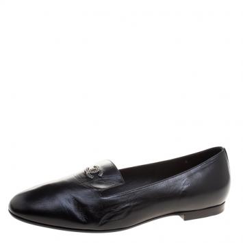 Pre Owned Chanel Black Leather CC Smoking Slippers Size 39.5