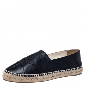 Pre Owned Chanel Black Leather CC Espadrilles Loafers Size 41