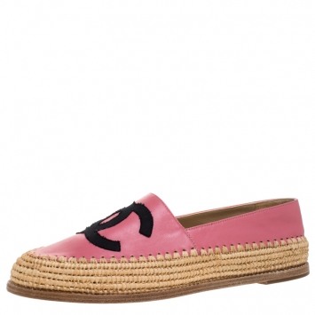 Pre Owned Chanel Pink Leather And Jute CC Espadrille Loafers Size 41