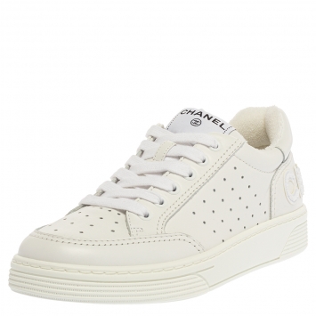 Pre Owned Chanel White Leather Low Top Sneakers Size 37