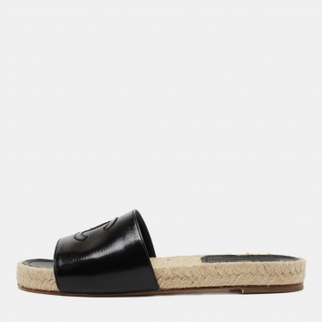 Pre Owned Chanel Black Patent Leather CC Flat Espadrille Slides Size 38