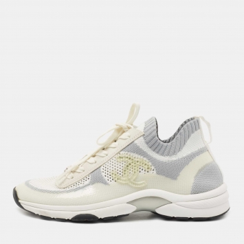 Pre Owned Chanel Grey/White Knit Fabric CC Sneakers Size 40