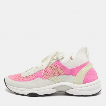 Pre Owned Chanel Multicolor Knit Fabric and Suede CC Sneakers Size 37.5