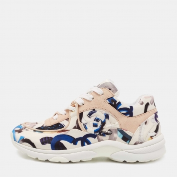 Pre Owned Chanel Multicolor CC Print Satin and Suede Low Top Sneakers Size 37.5