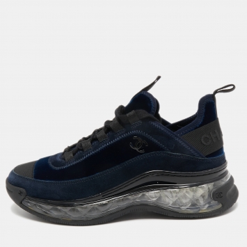 Pre Owned Chanel Navy Blue Velvet and Suede CC Low Top Sneakers Size 37