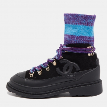 Pre Owned Chanel Black/Blue Leather and Fabric Ankle Books Size 38   