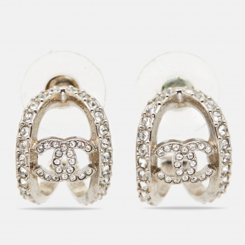 Pre Owned Chanel CC Crystal Silver Tone Huggie Earrings