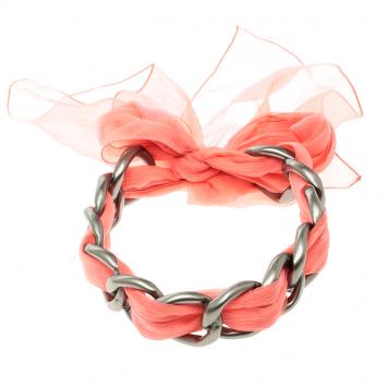 Pre Owned Chanel Chain Link Pink Fabric Self Tie Choker Necklace