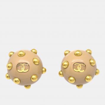 Pre Owned Chanel CC Logos Studs Button Earrings Beige Gold Clip-On