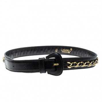 Pre Owned Chanel Black Leather Classic Chain Belt 70cm