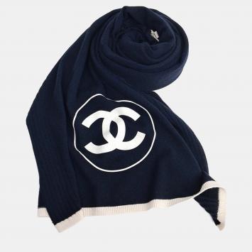 Pre Owned Chanel CC Navy Blue Cashmere Scarf