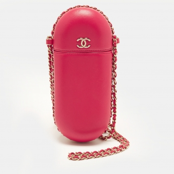 Pre Owned Chanel CC Pink Leather Glasses Case with Chain