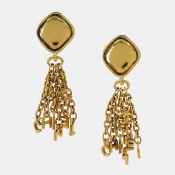 Pre Owned Chanel Vintage Rhombus CC Tassel Metal Women's Clip -On Earrings