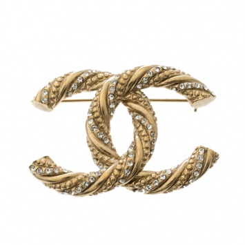 Pre Owned Chanel CC Crystal Embellished Textured Gold Tone Pin Brooch