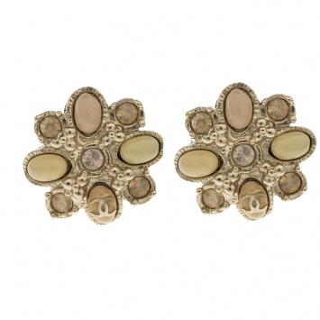 Pre Owned Chanel CC Multicolor Floral Enamel Gold Tone Clip On Earrings