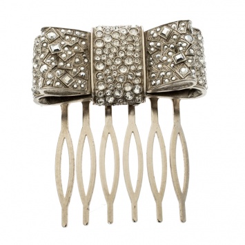 Pre Owned Chanel Bow Crystal Embellished Silver Tone Hair Comb