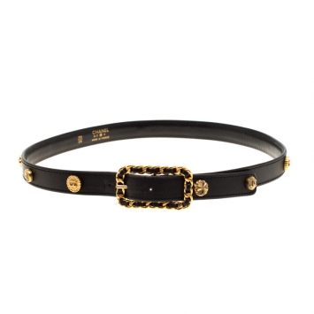 Pre Owned Chanel Black Leather and Metal Belt Size 70CM