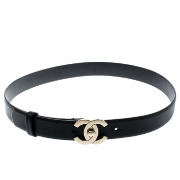 Pre Owned Chanel Black Leather CC Buckle Belt 80CM