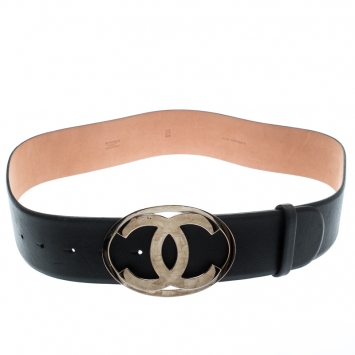 Pre Owned Chanel Black Leather CC Logo Buckle Wide Belt 85CM
