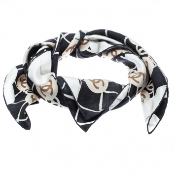 Pre Owned Chanel Black Camellia and CC Logo Print Silk Square Scarf