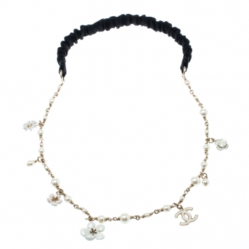 Pre Owned Chanel CC Camellia Charms Faux Pearl Gold Tone Headband
