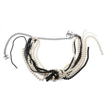 Pre Owned Chanel Faux Pearl Black Bead Multi Strand Tassel Necklace