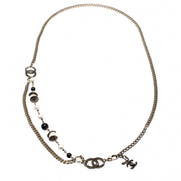 Pre Owned Chanel CC Bead Faux Pearl Gold Tone Chain Link Necklace / Belt