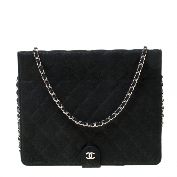 Pre Owned Chanel Black Quilted Nubuck Leather Crossbody iPad Case