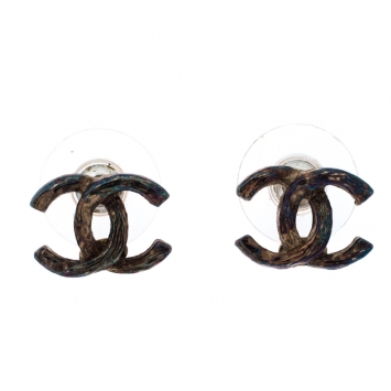 Pre Owned Chanel CC Metallic Enamel Coated Twisted Gold Tone Earrings