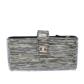Pre Owned Chanel Black/White Striped Patent Leather iPhone Pouch