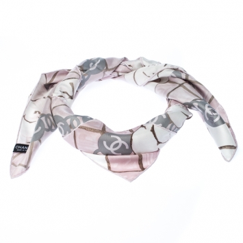Pre Owned Chanel Light Pink And Grey Printed Silk Camellia Scarf