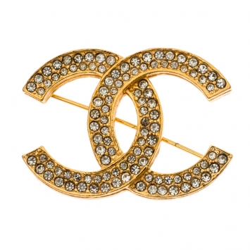 Pre Owned Chanel CC Crystal Gold Tone Pin Brooch