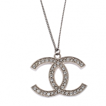 Pre Owned Chanel Silver Tone Crystal CC Pendant Necklace