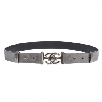 Pre Owned Chanel Metallic Silver Leather CC Buckle Adjustable Belt 90CM