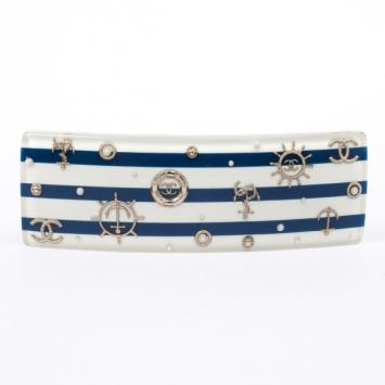 Pre Owned Chanel Blue and White Striped Hair Clip