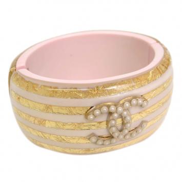Pre Owned Chanel Pink & Gold Strips Pearl CC Resin Bangle S