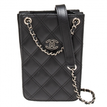 Pre Owned Chanel Black Quilted Leather CC Phone Holder with Chain 