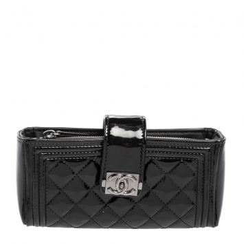 Pre Owned Chanel Black Patent Leather Boy Phone Pouch