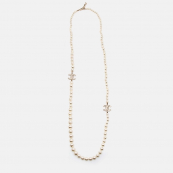 Pre Owned Chanel CC Crystals Faux Pearl Gold Tone Long Necklace